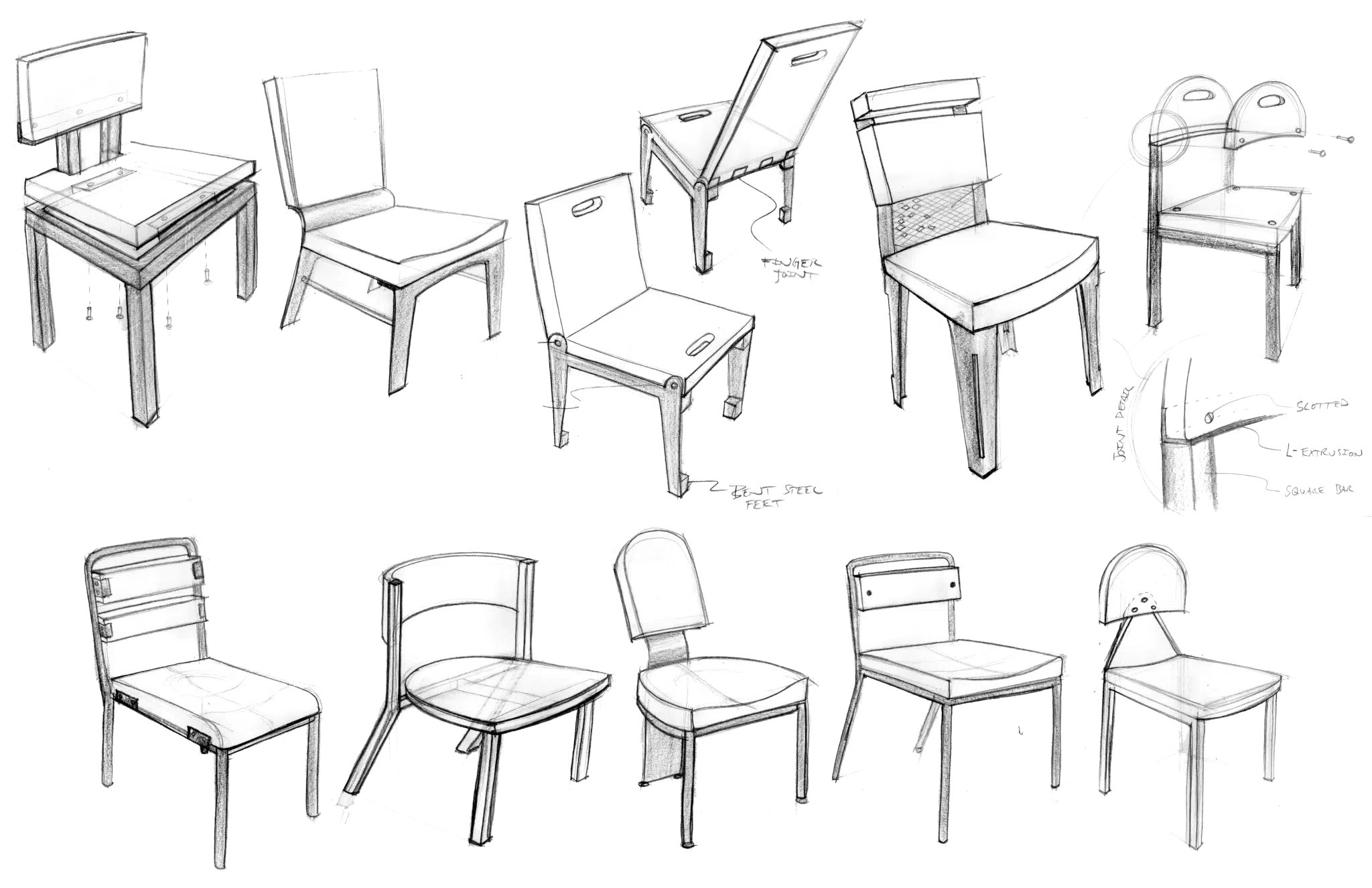 Chair design concepts sketched