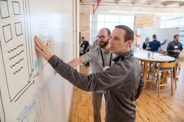 A culture of Innovation: A couple of DISHER engineers participating in a whiteboard session. 
