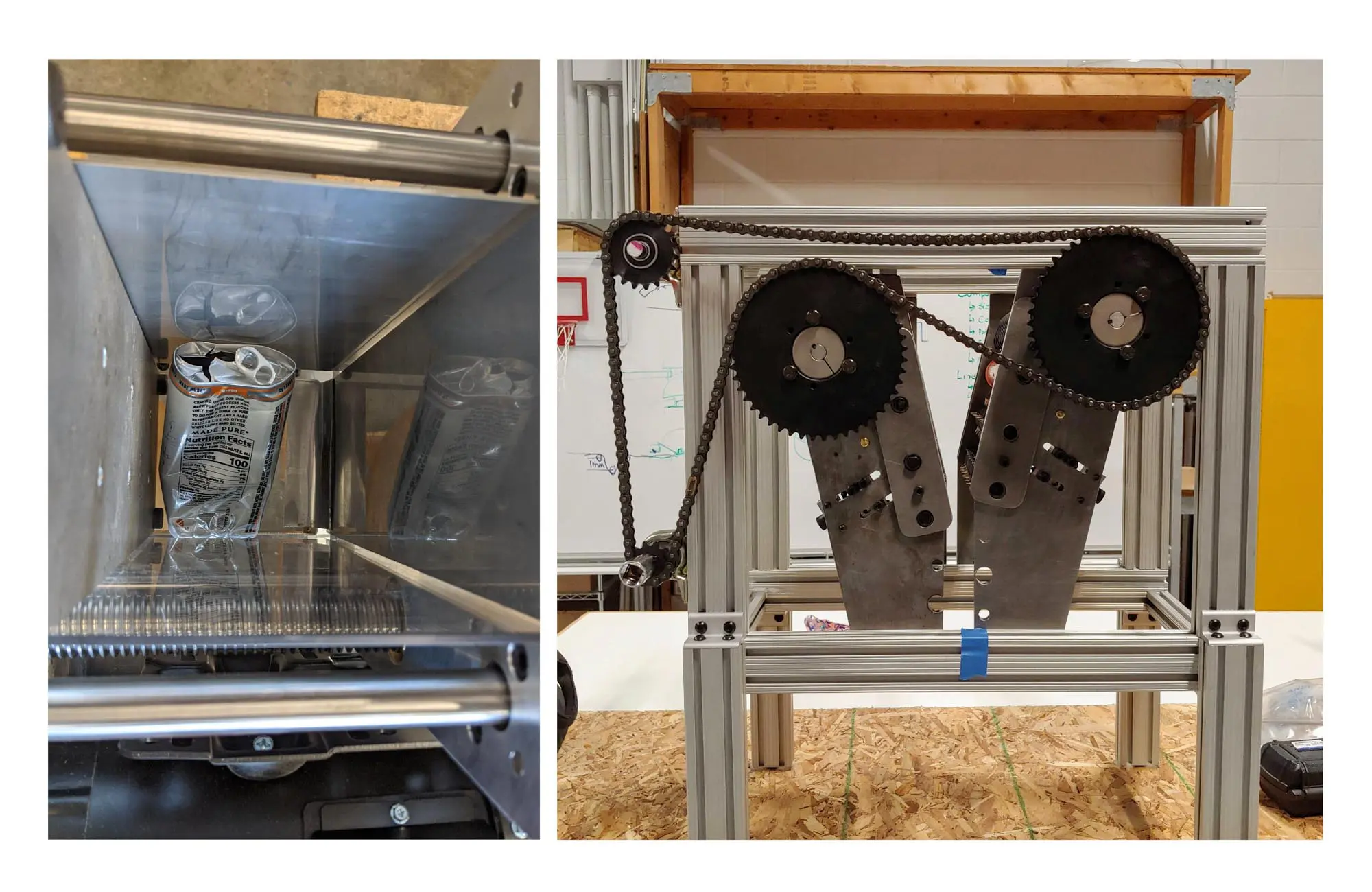 Inner gears and mechanics of the can crusher