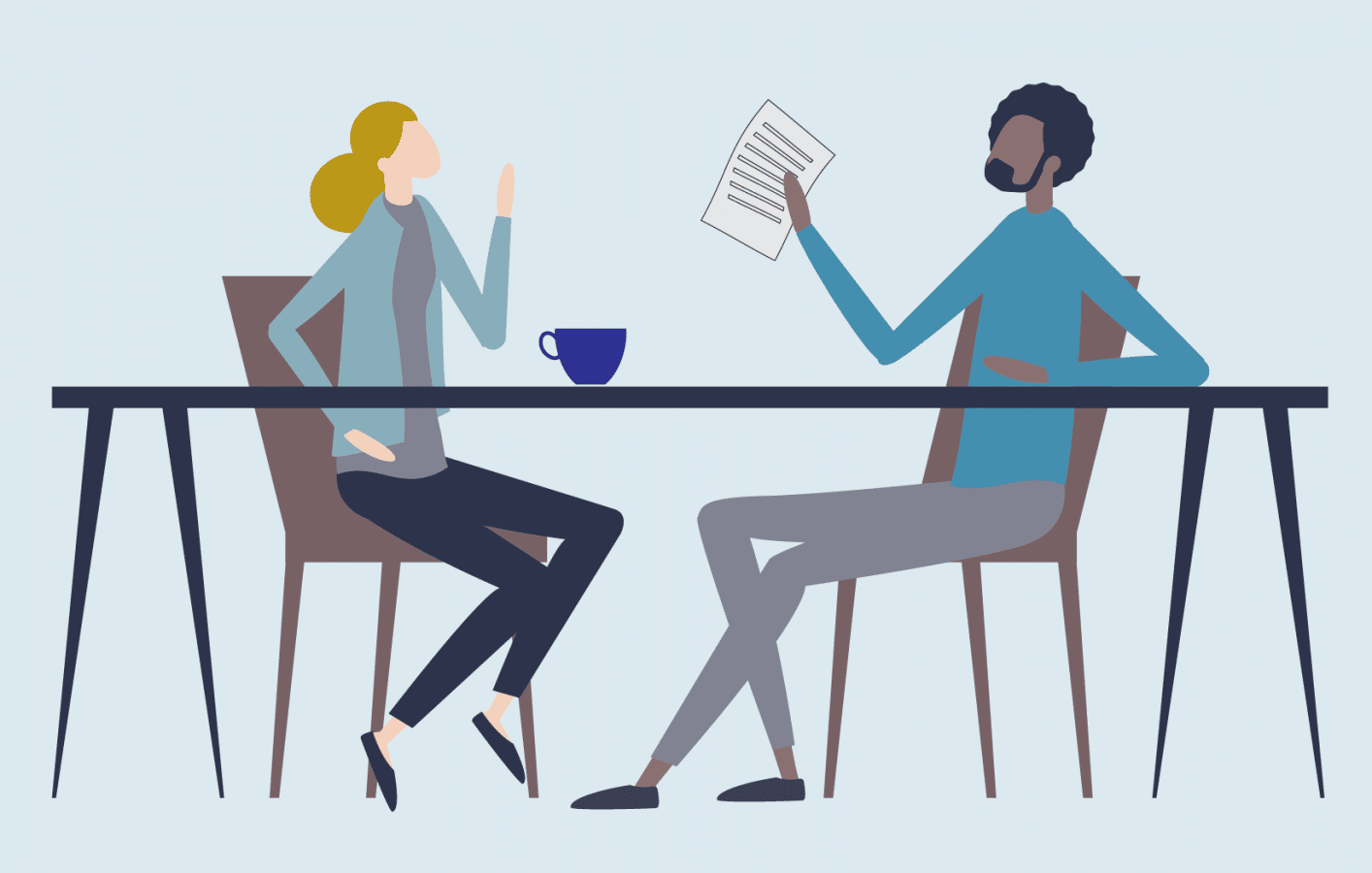 Illustration of two people talking together at a table