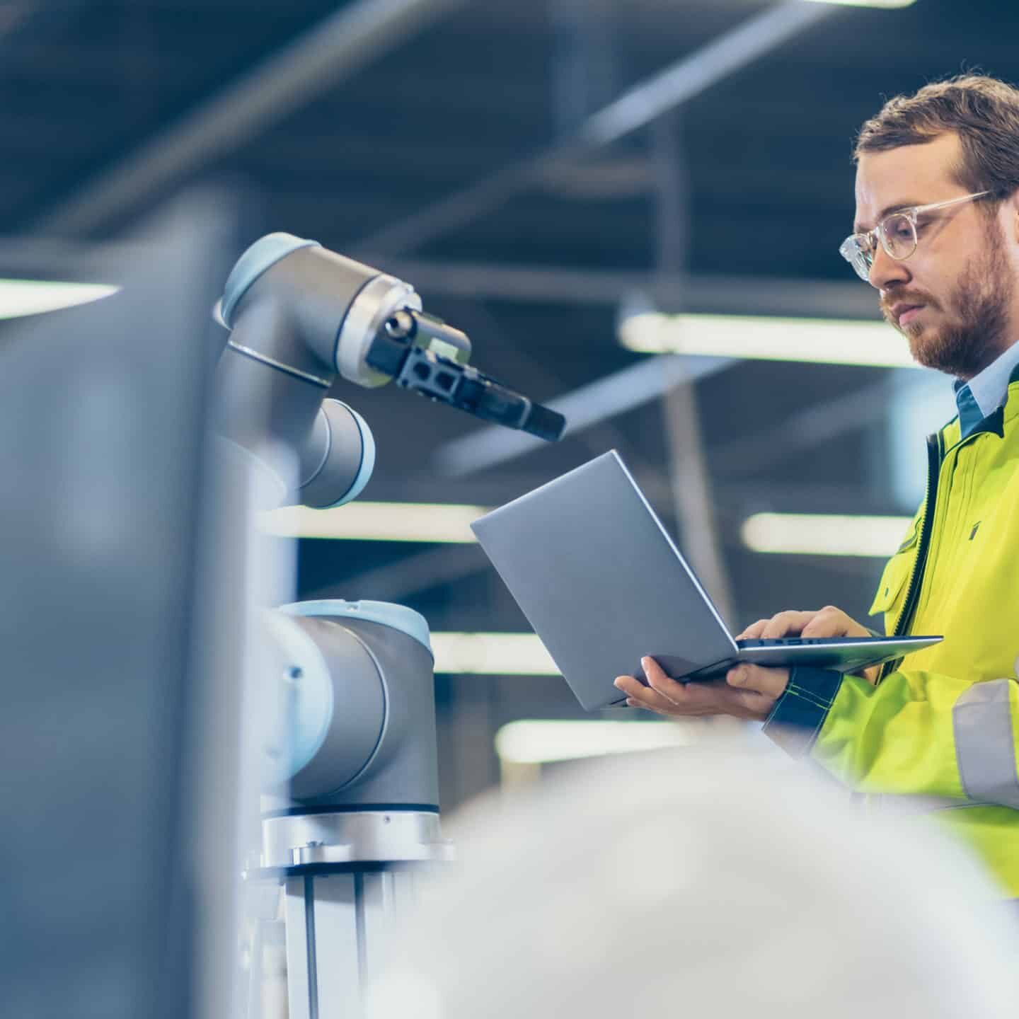 Engineer working on a robot in a manufacturing plant