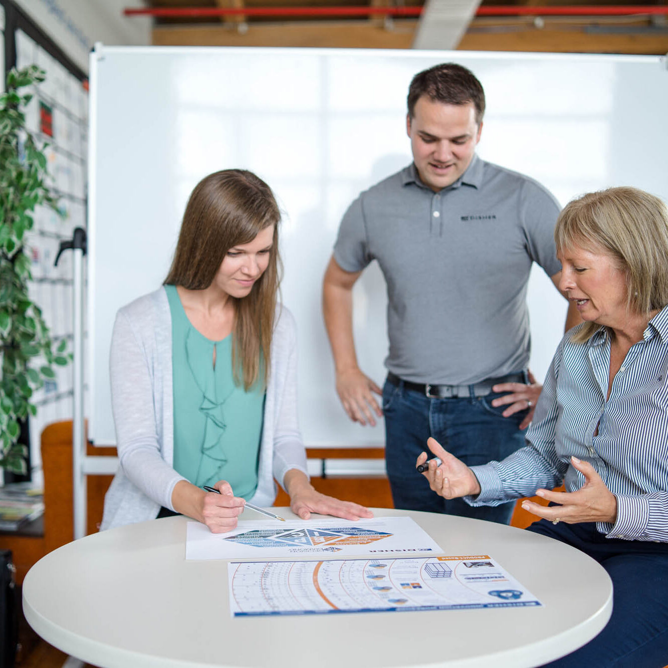 Three people gathered around a table talking strategy