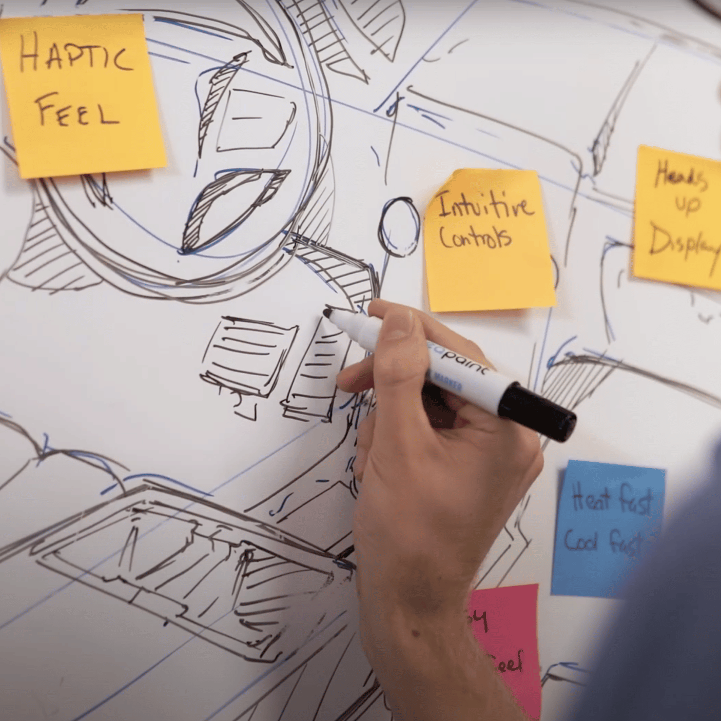 An industrial designer brainstorming on a whiteboard