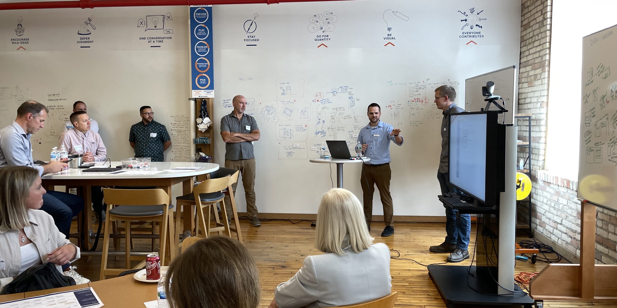 A group in a whiteboard workshop looks at ideas